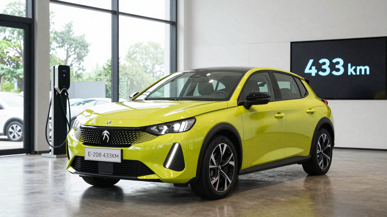 Carro elétrico amarelo estacionado em showroom com carregador e tela mostrando autonomia de 433 km.