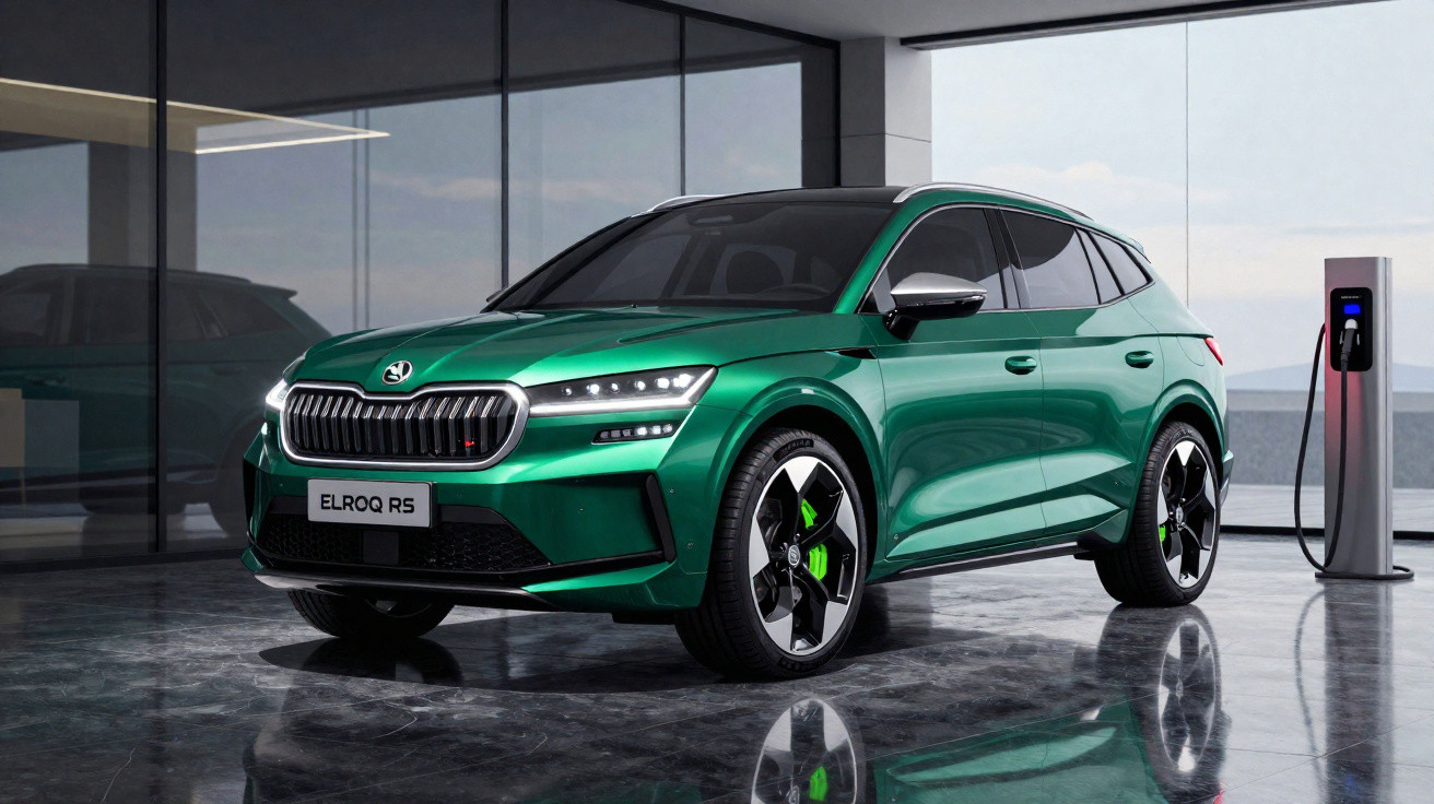 Carro SUV elétrico verde Škoda ELROQ RS estacionado próximo a uma estação de recarga em ambiente moderno.