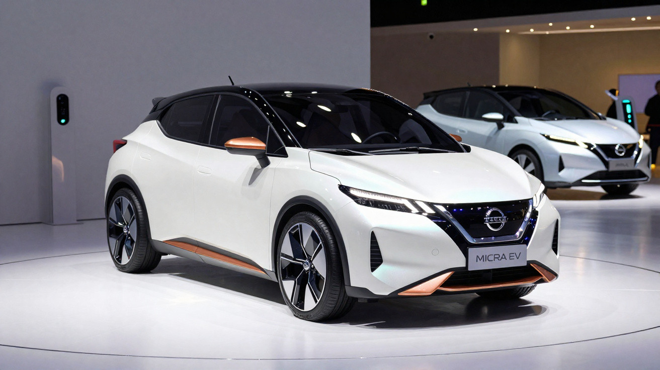Carro elétrico branco Nissan Micra EV em exposição com detalhes em cobre e teto preto.
