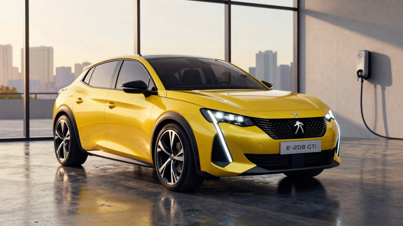 Carro elétrico Peugeot E-208 GTi amarelo estacionado em ambiente interno com parede de vidro ao fundo.