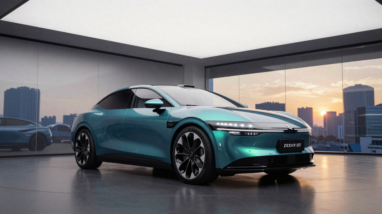 Carro elétrico esportivo verde-azulado em sala moderna com vista para cidade ao pôr do sol.