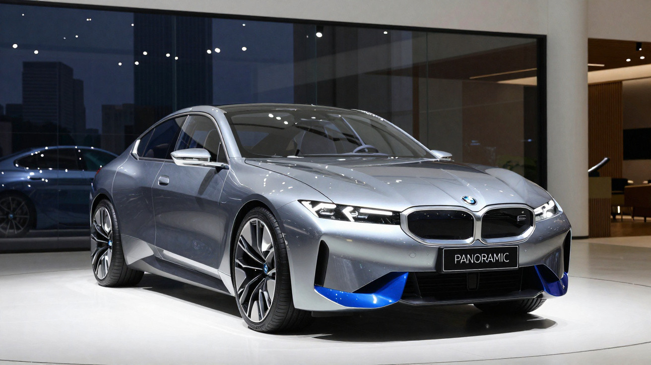 Carro esportivo BMW prata com detalhes azuis em exposição interna moderna.