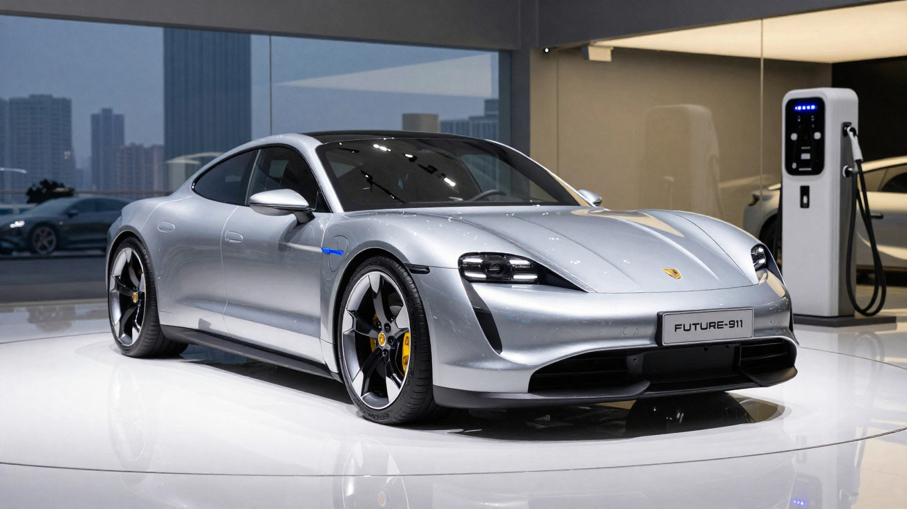 Carro esportivo prata elétrico Porsche Future-911 em exposição interna com estação de recarga ao fundo.