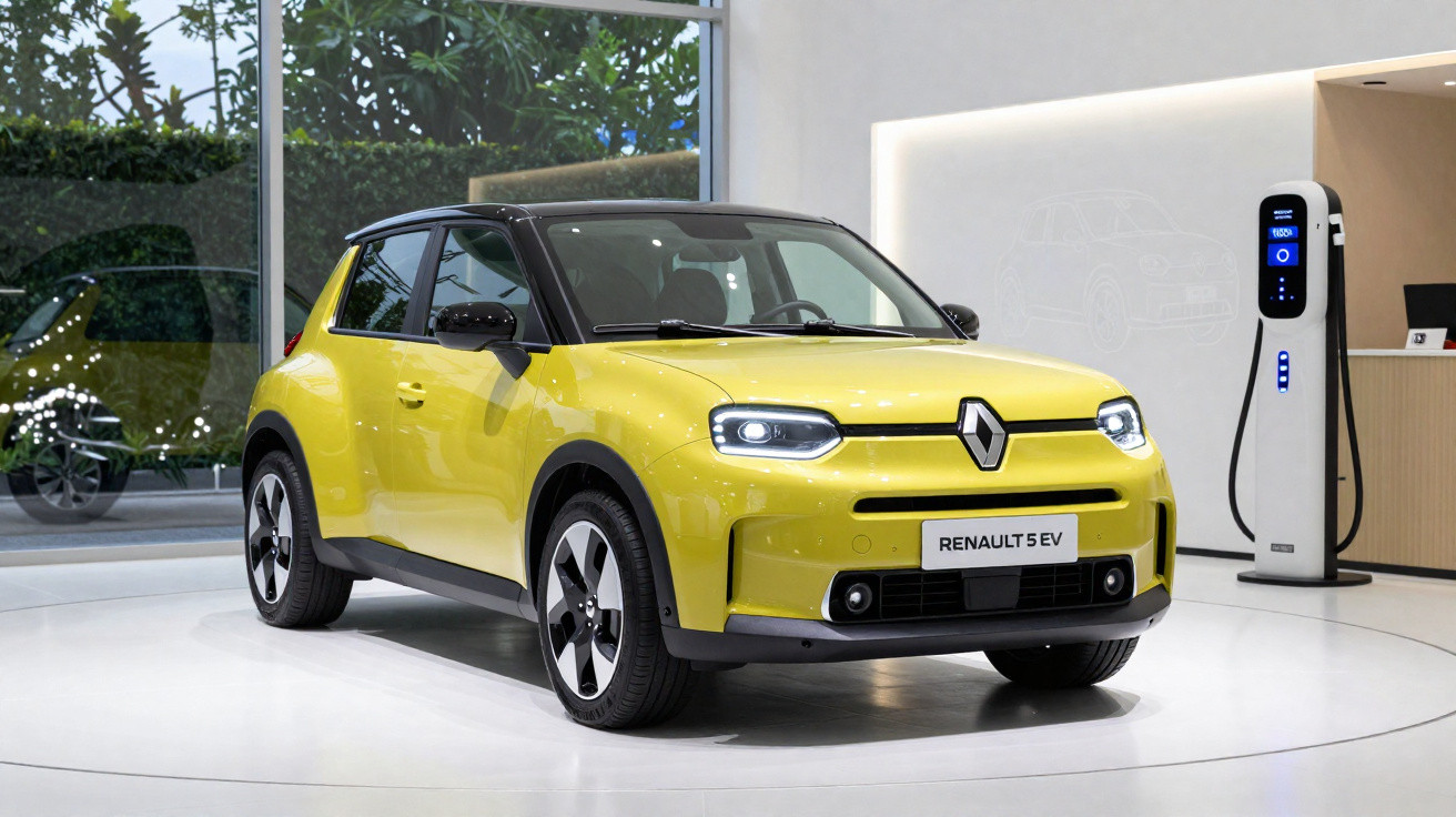 Carro elétrico Renault 5 EV amarelo em exposição com estação de recarga ao lado em ambiente moderno.