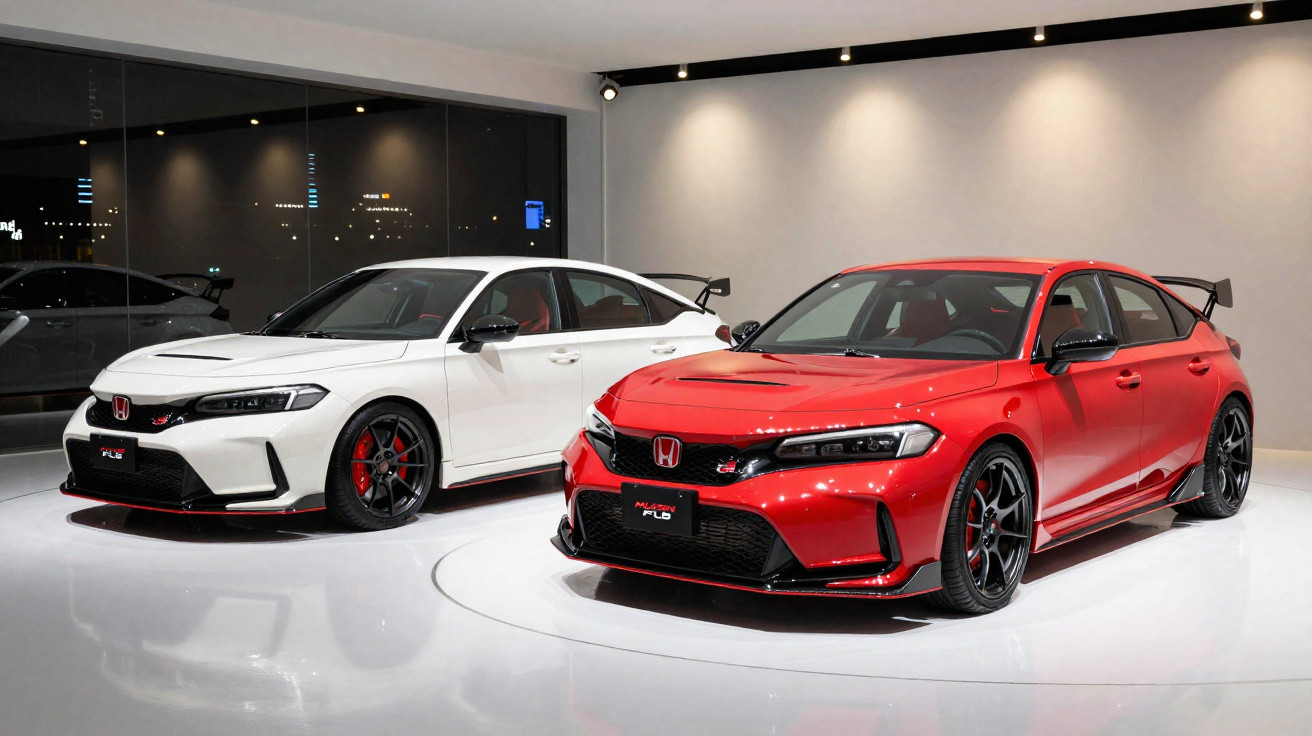 Dois carros esportivos Honda Civic Type R, um branco e um vermelho, expostos em salão com iluminação moderna.