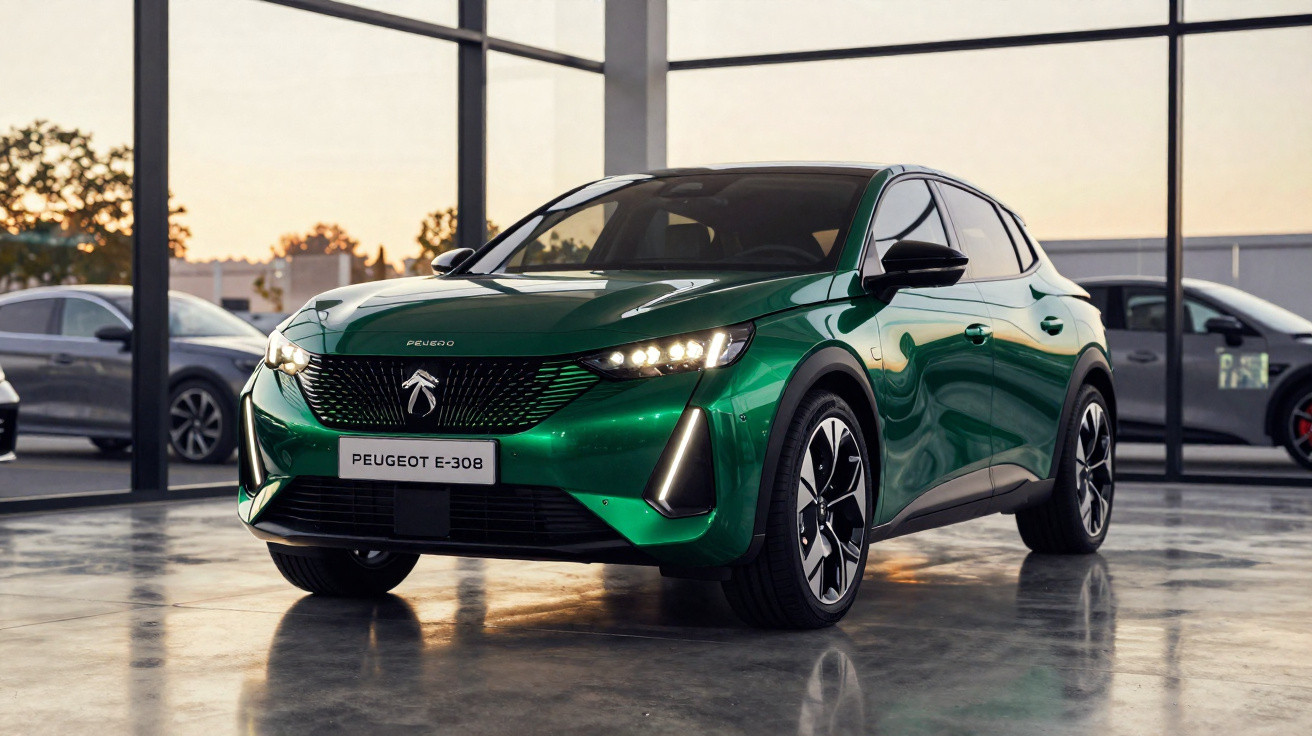 Carro verde Peugeot E-308 estacionado em garagem com paredes de vidro e chão refletivo.