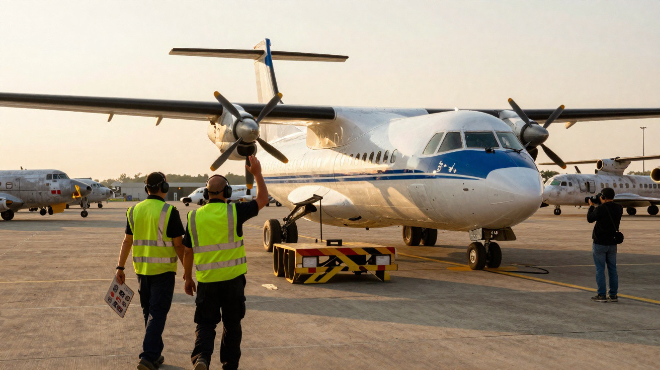 Avião turboélice estacionado no pátio com dois funcionários em coletes refletivos e fotógrafo.