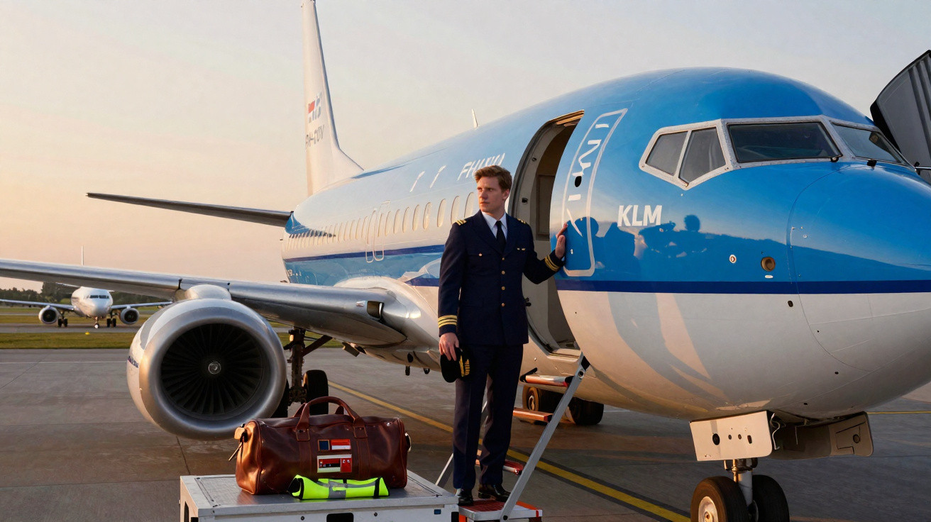 Piloto em uniforme ao lado da porta aberta de avião da KLM no aeroporto ao entardecer.