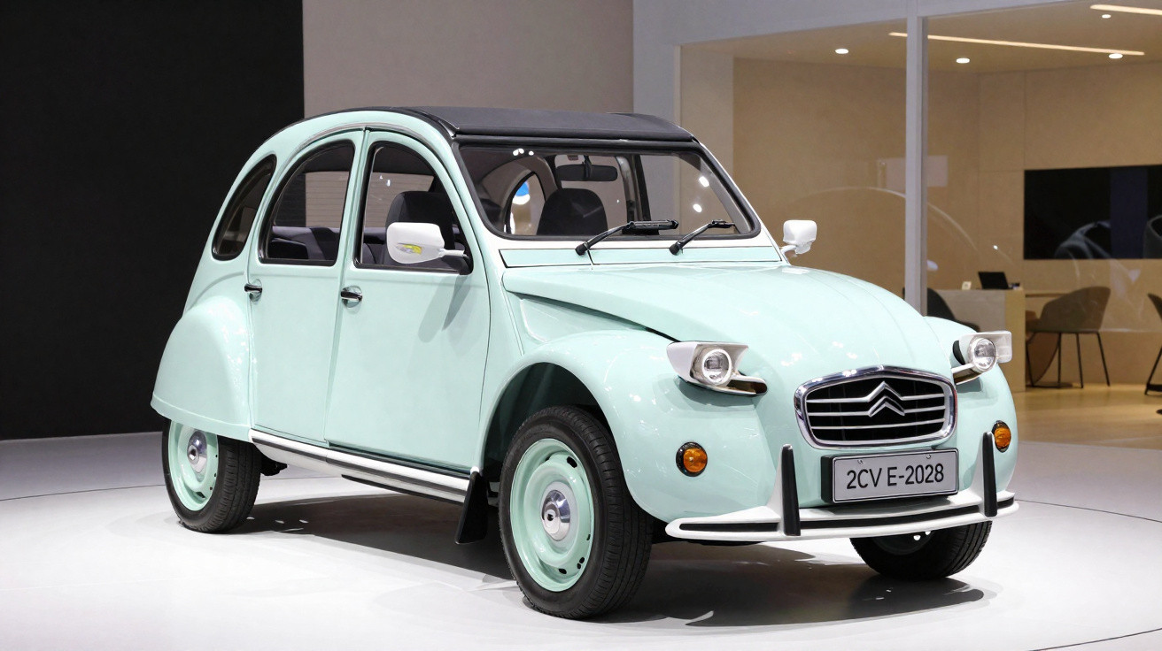 Carro Citroën 2CV E-2028 vintage na cor azul claro com teto conversível preto em ambiente interno.