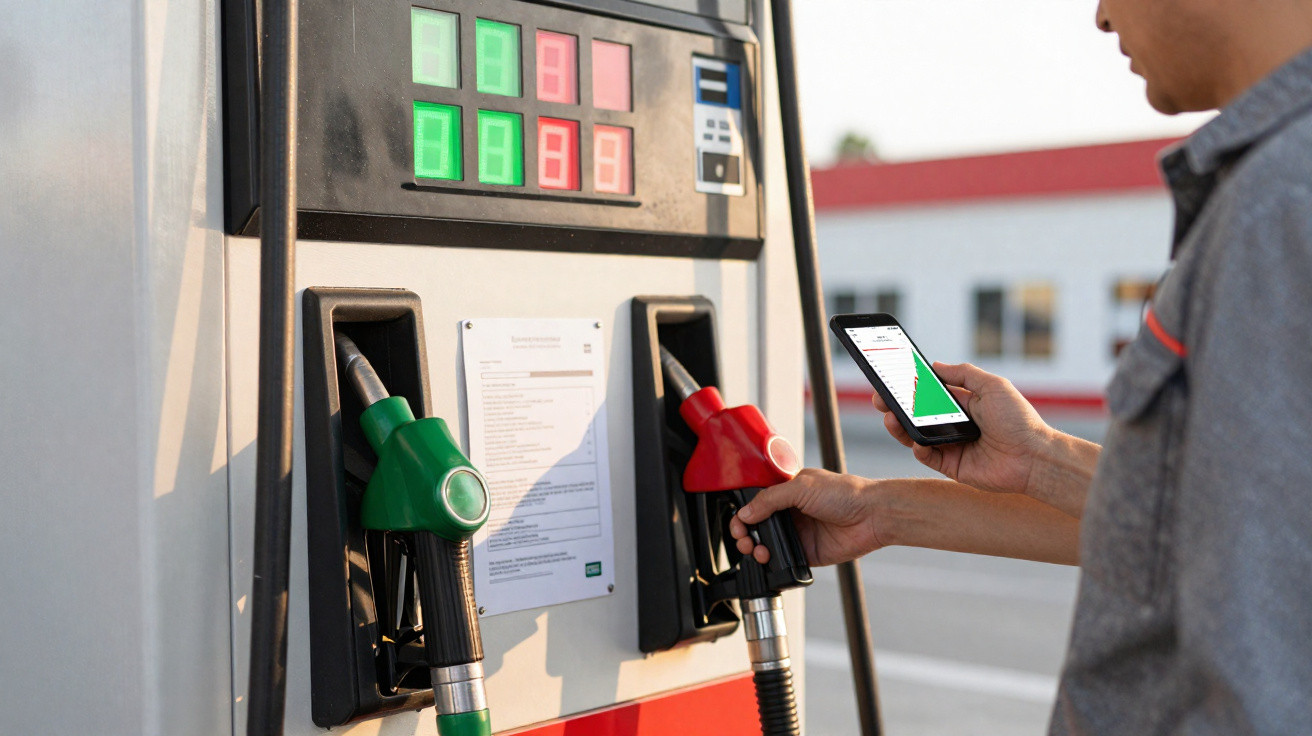 Pessoa segurando bomba de combustivel vermelha e celular em posto de gasolina com painel de preços ao fundo.