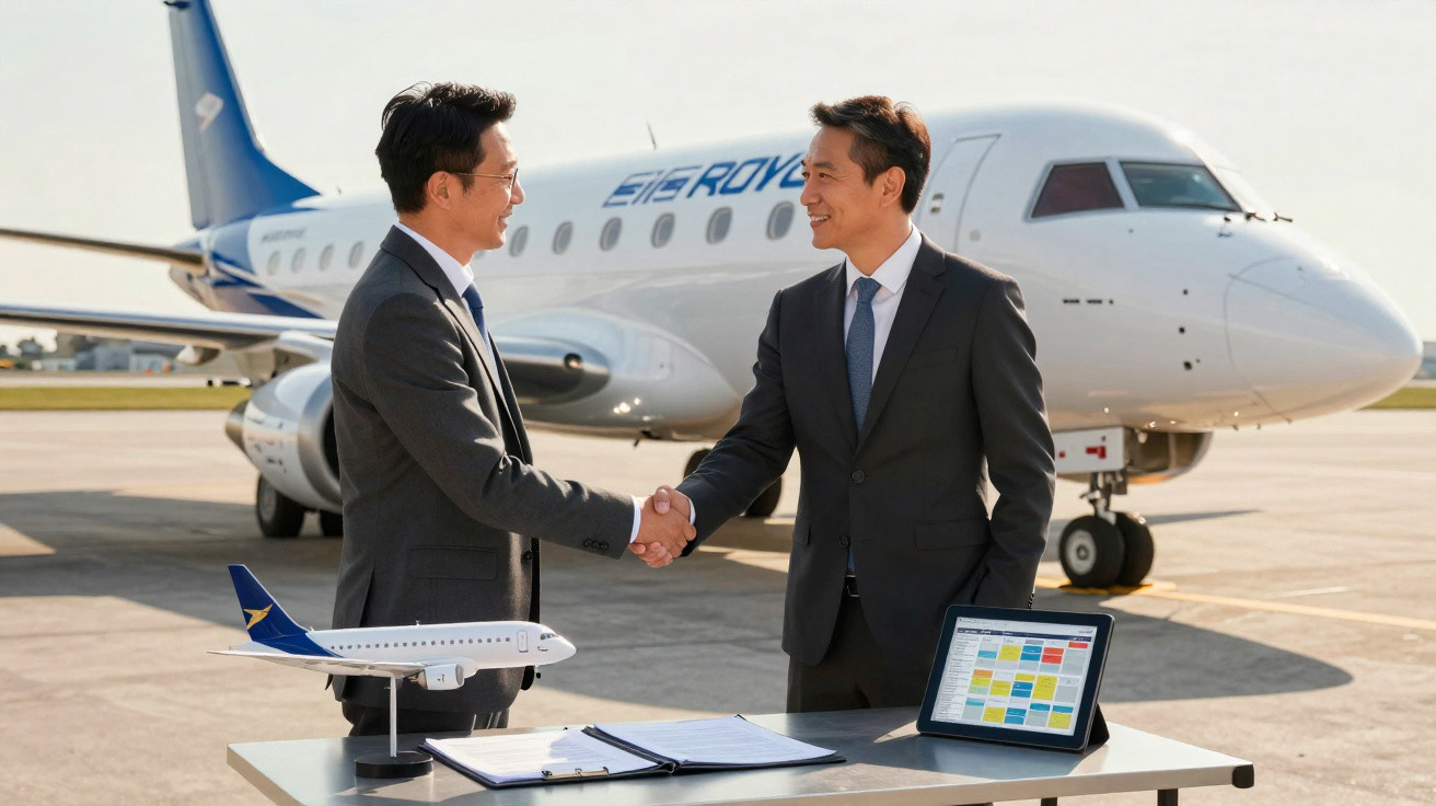 Dois homens de terno apertando as mãos em frente a um avião, com maquete de avião e tablet na mesa.