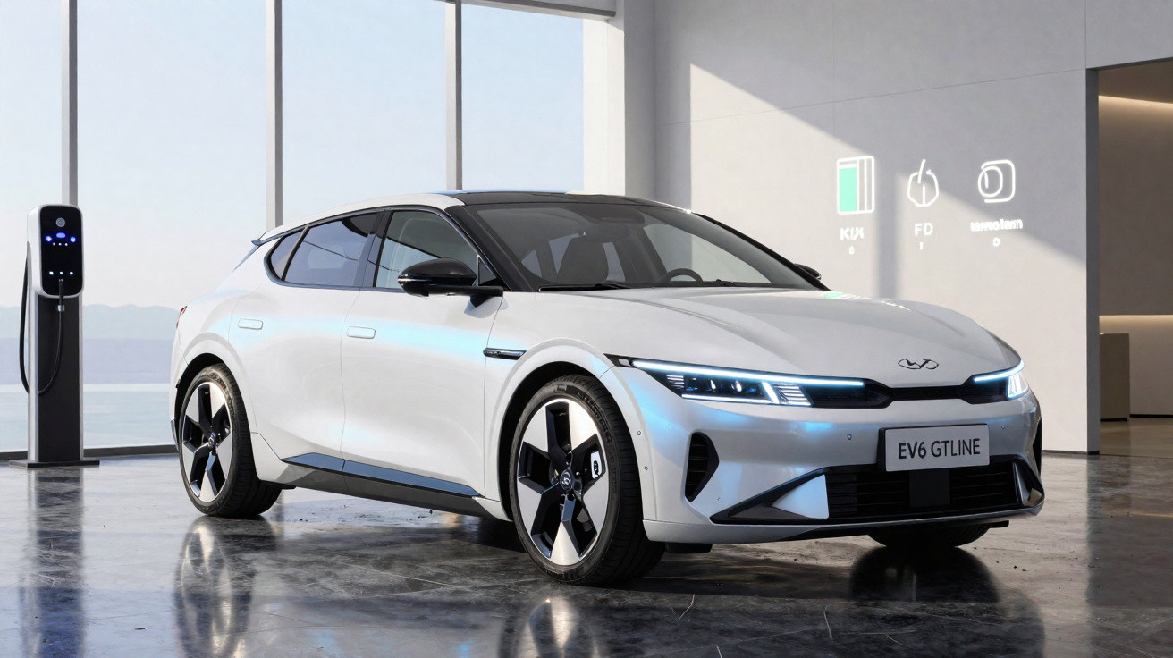 Carro elétrico branco estacionado ao lado de carregador em ambiente interno moderno com luz natural.