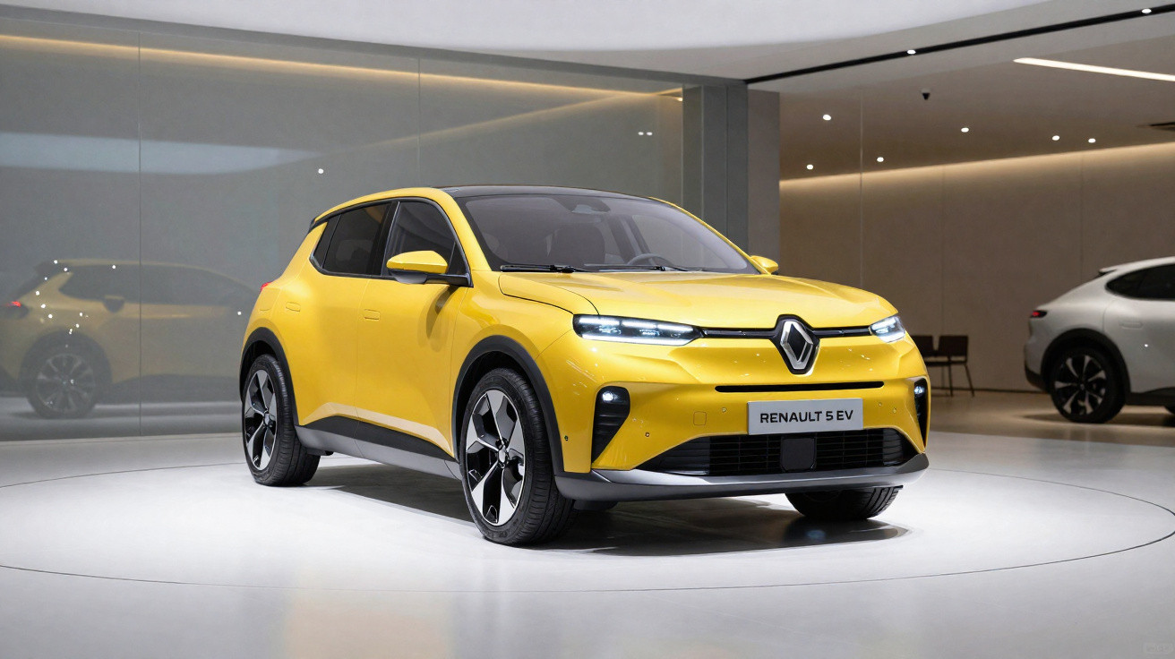 Carro elétrico Renault 5 EV amarelo em exposição em ambiente moderno e iluminado.