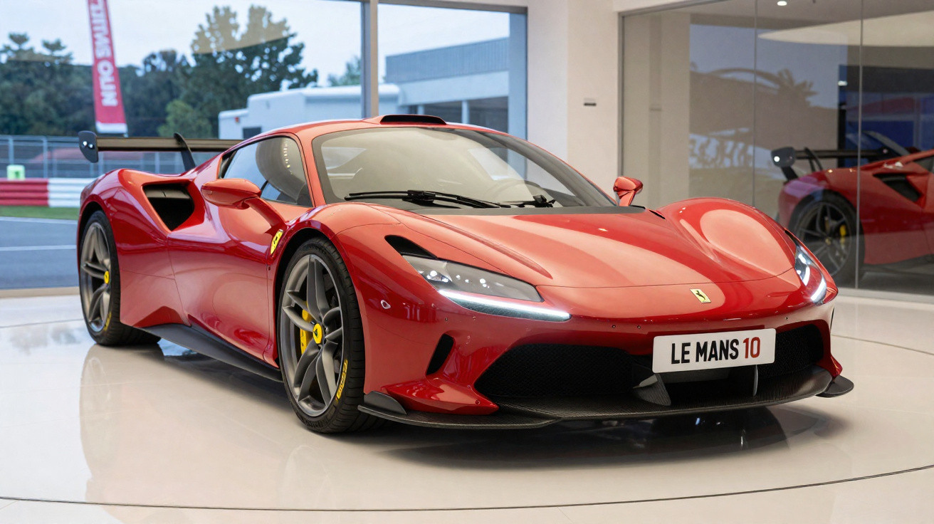 Carro esportivo Ferrari vermelho em exposição, com placa personalizada "LE MANS 10" em showroom moderno.
