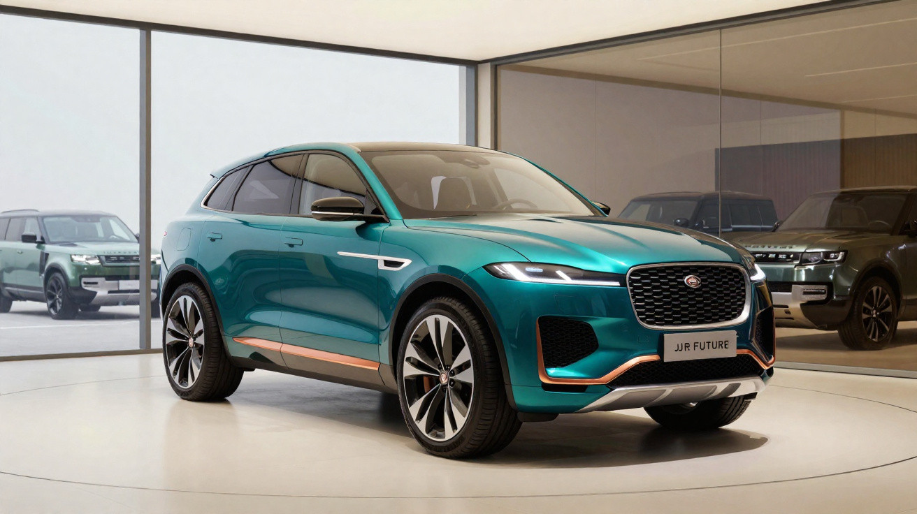 Carro SUV elétrico verde azulado Jaguar em exposição, com design moderno e rodas grandes, em ambiente interno.