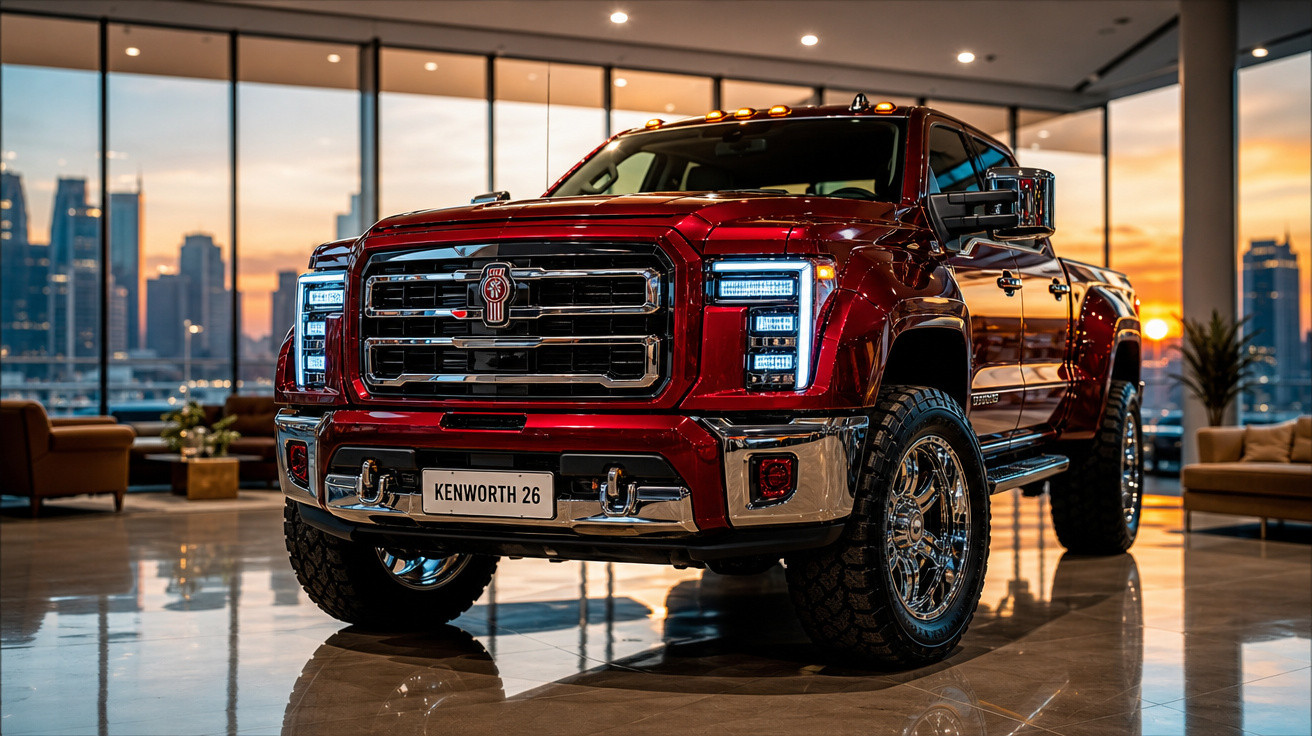 Picape vermelha Kenworth 26 em showroom elegante com vista para cidade ao pôr do sol.