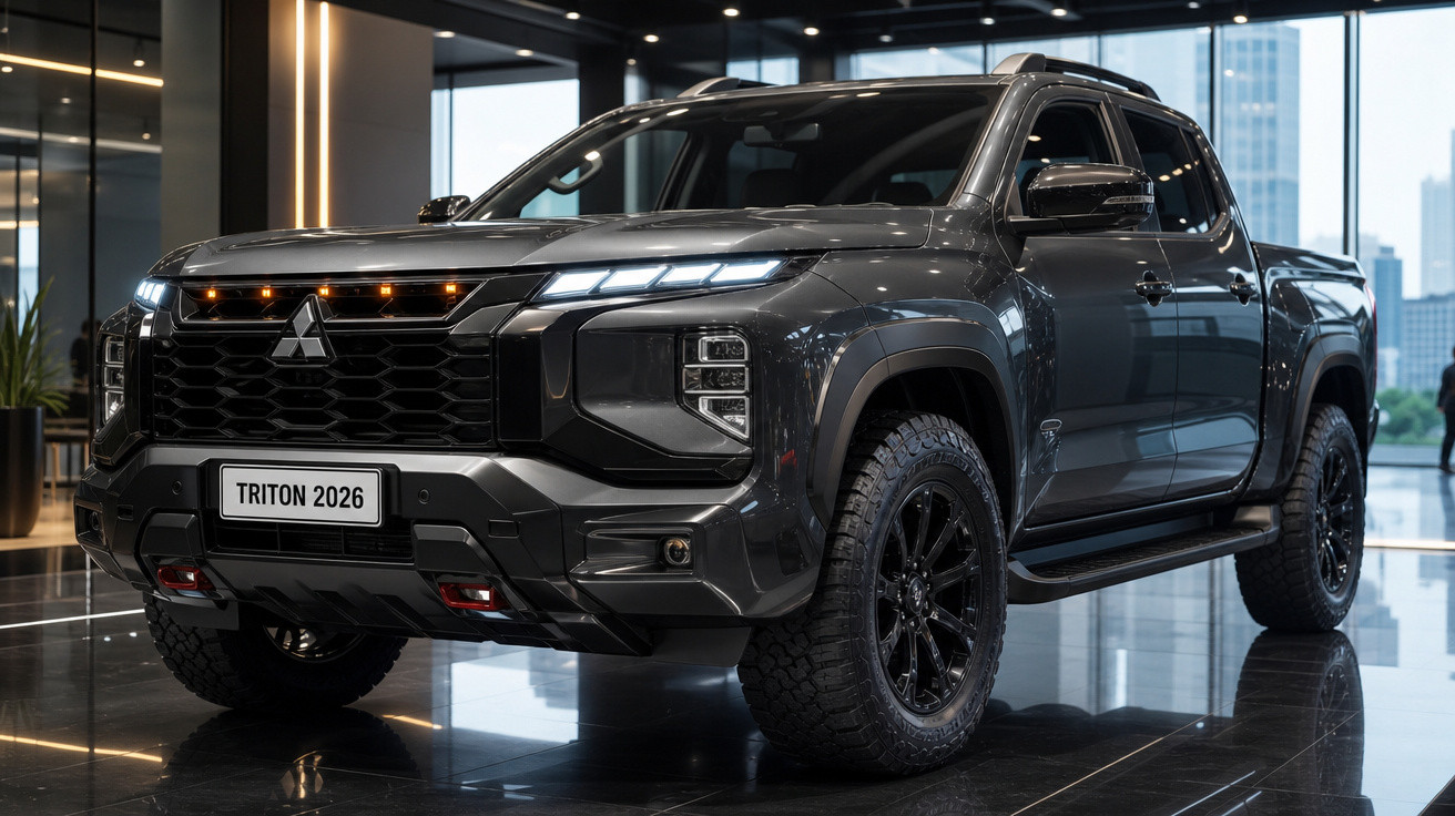 Picape Mitsubishi Triton 2026 cinza escura com faróis acesos em showroom moderno.