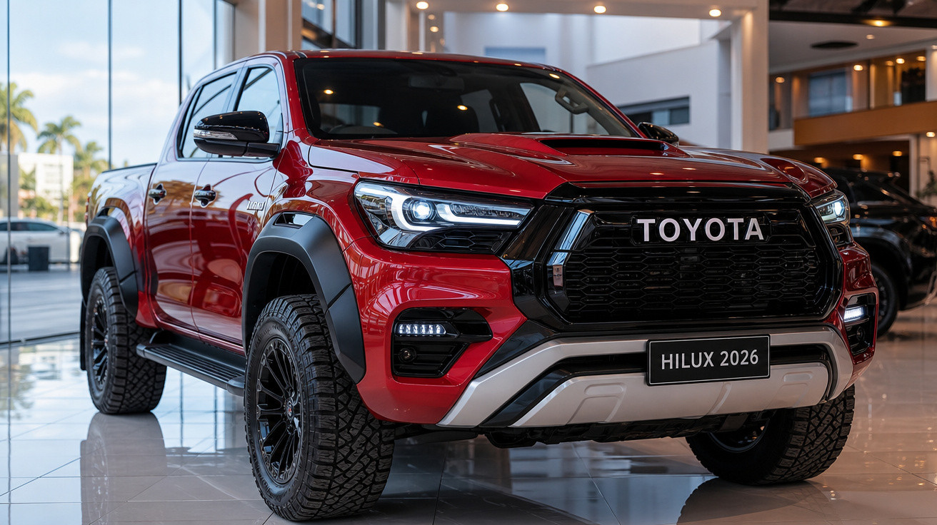 Picape Toyota Hilux 2026 vermelha exibida em showroom com faróis acesos e pneus robustos.