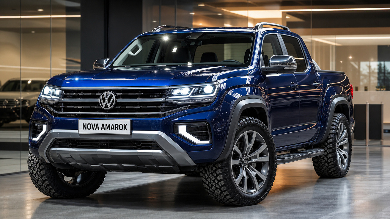 Picape Volkswagen Amarok azul em showroom com faróis acesos e pneus robustos.