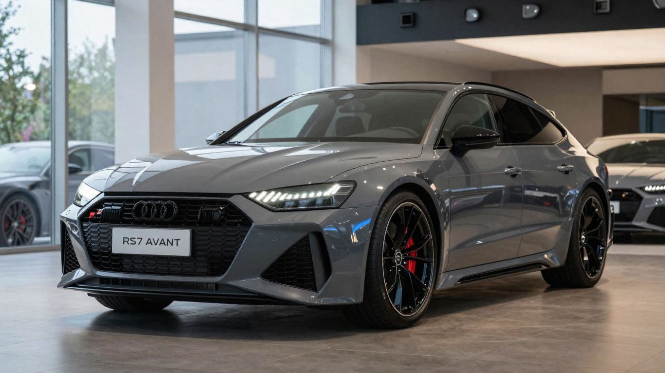Audi RS7 Avant cinza em showroom com rodas pretas e detalhes vermelhos, visto de frente e lado esquerdo.