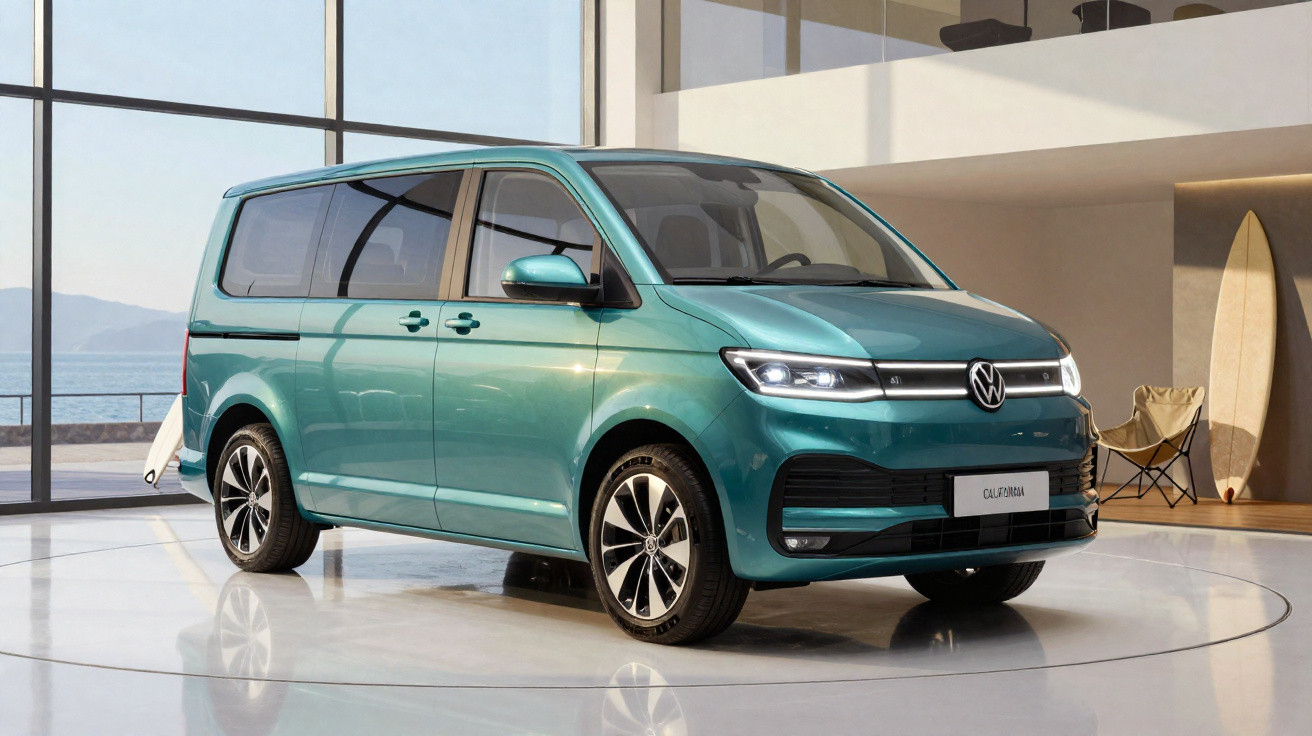 Van Volkswagen Clube elétrica verde estacionada em ambiente interno moderno com janela grande e prancha de surf.