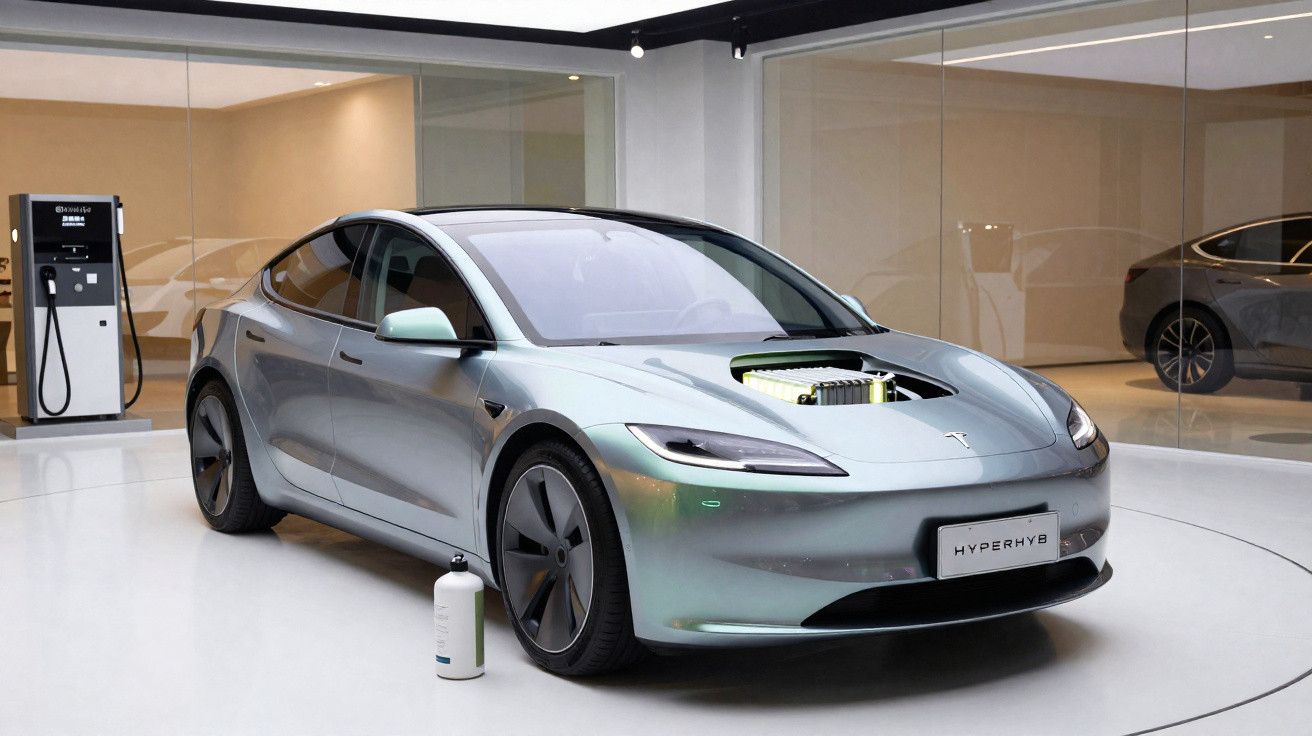 Carro elétrico Tesla cinza em exposição com compartimento do motor aberto e carregador ao fundo.