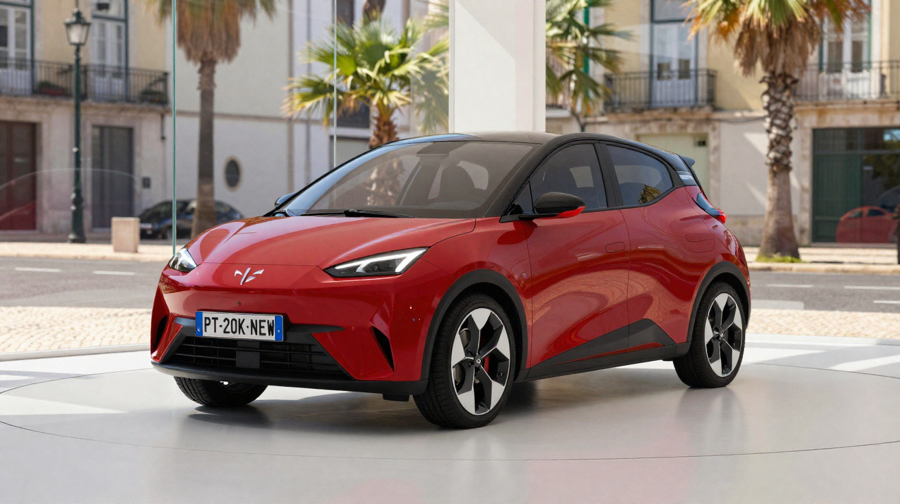 Carro elétrico compacto vermelho estacionado em área urbana com edifícios e palmeiras ao fundo.