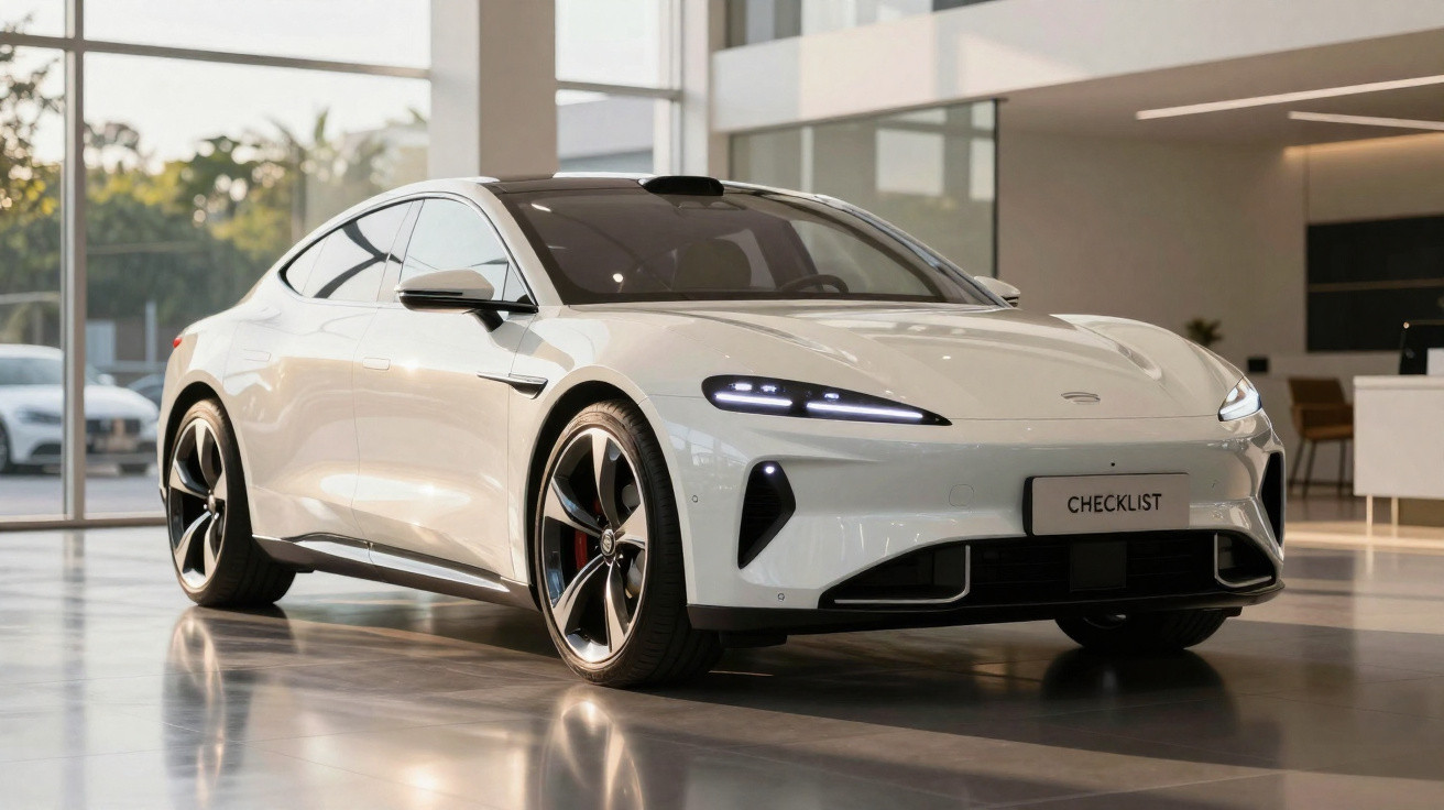 Carro esportivo elétrico branco estacionado em showroom moderno com piso brilhante e paredes de vidro.