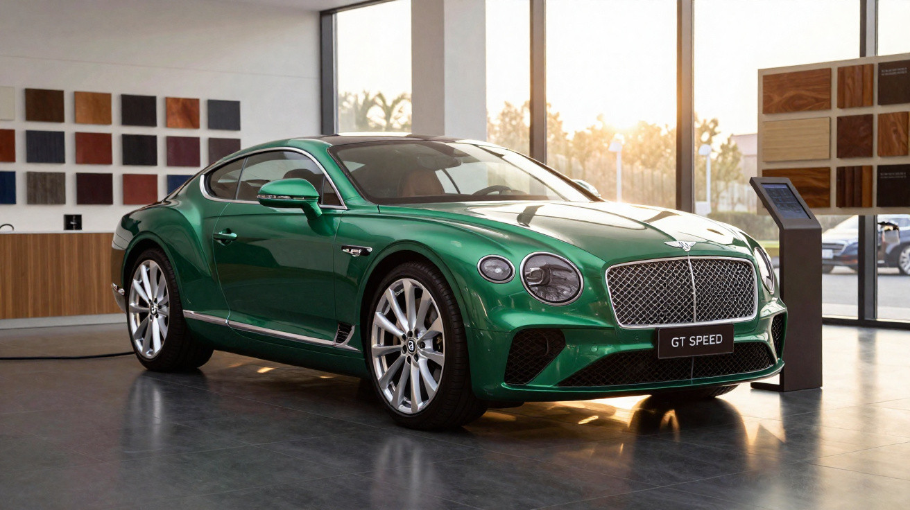 Carro esportivo Bentley GT Speed verde exposto em showroom moderno com luz natural.