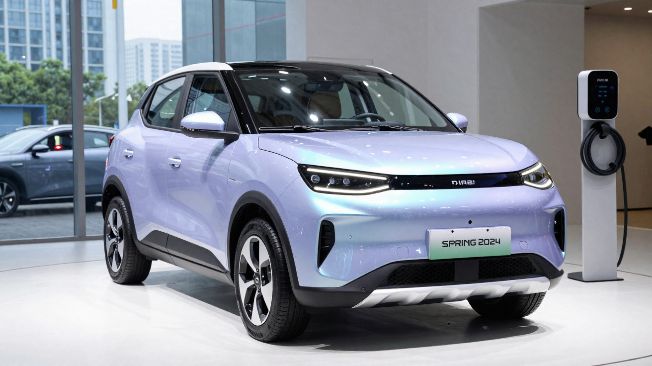 Carro elétrico azul claro modelo Spring 2024 exibido em salão ao lado de carregador elétrico.