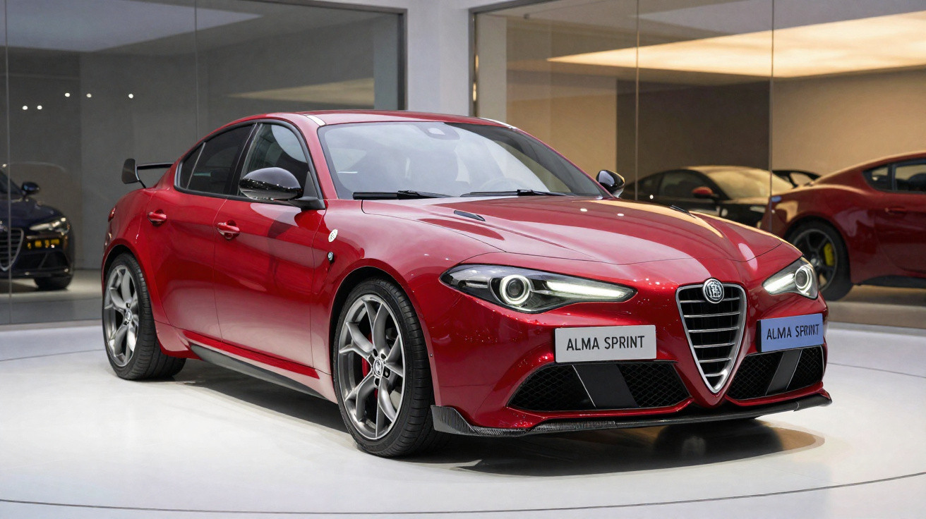 Carro esportivo Alfa Romeo vermelho exposto em showroom moderno com iluminação branca e reflexos no vidro.