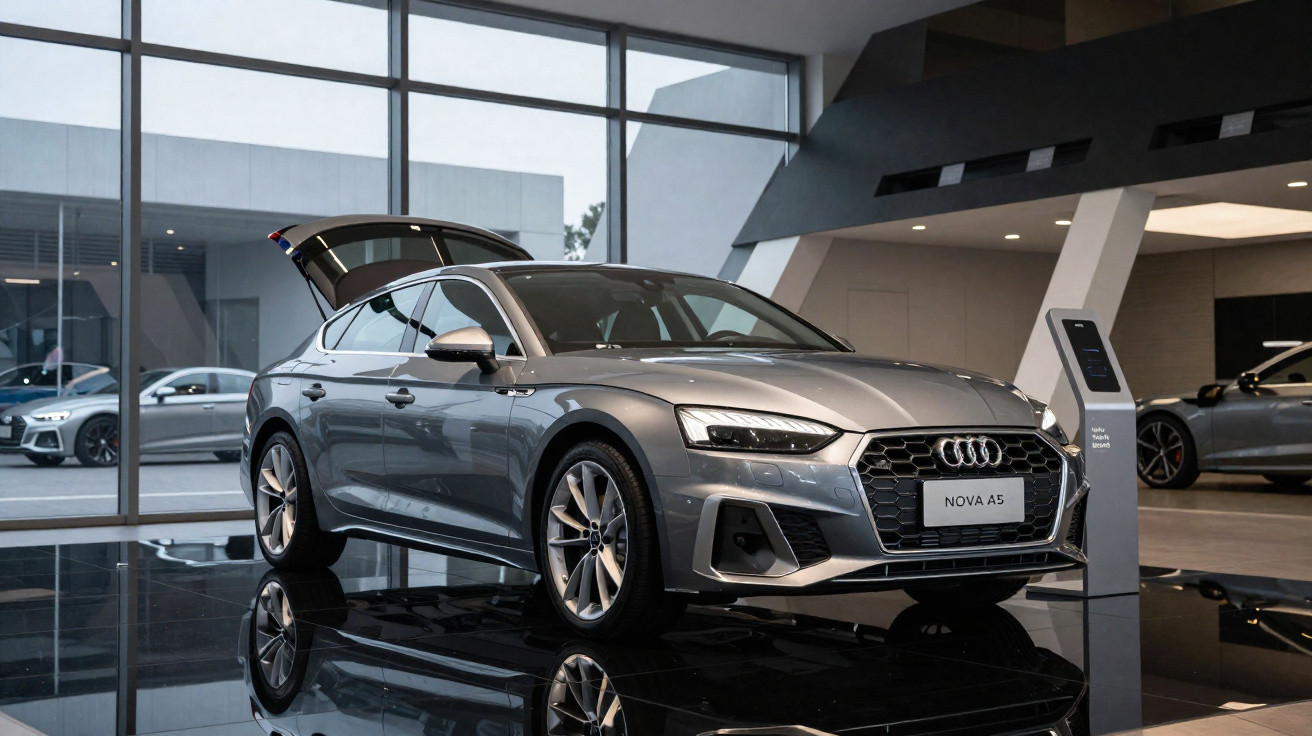 Audi A5 cinza em exposição em showroom moderno com porta traseira aberta e reflexo no piso preto brilhante.