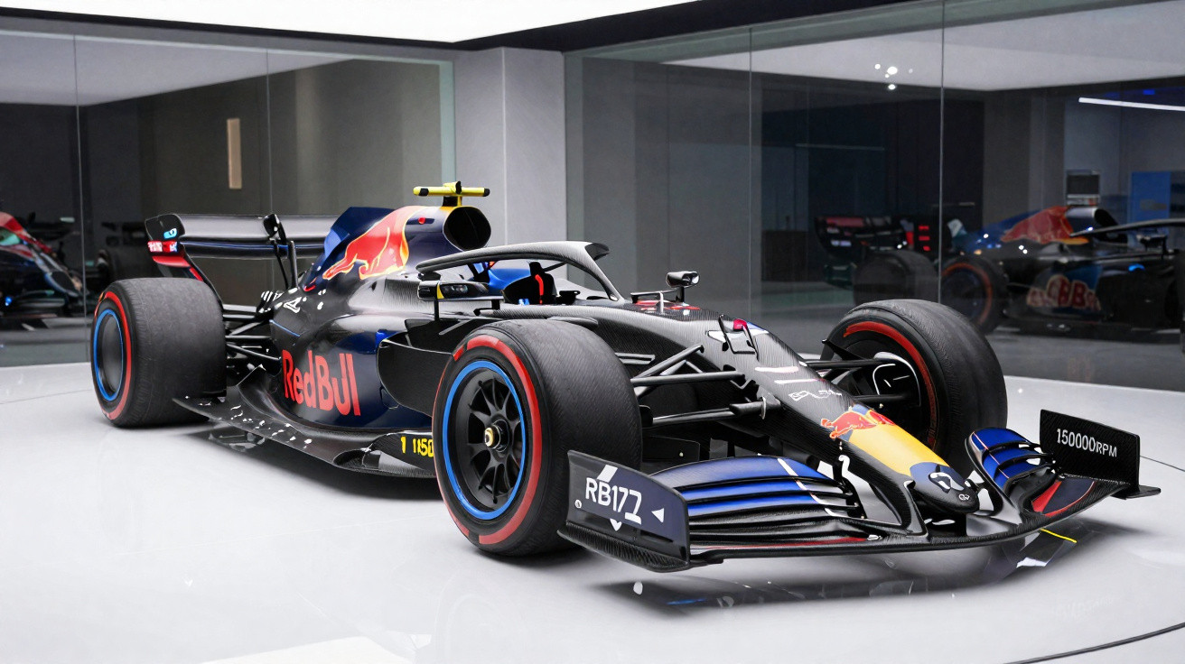 Carro de Fórmula 1 da Red Bull RB17 preto e azul exposto em vitrine com espelhos.