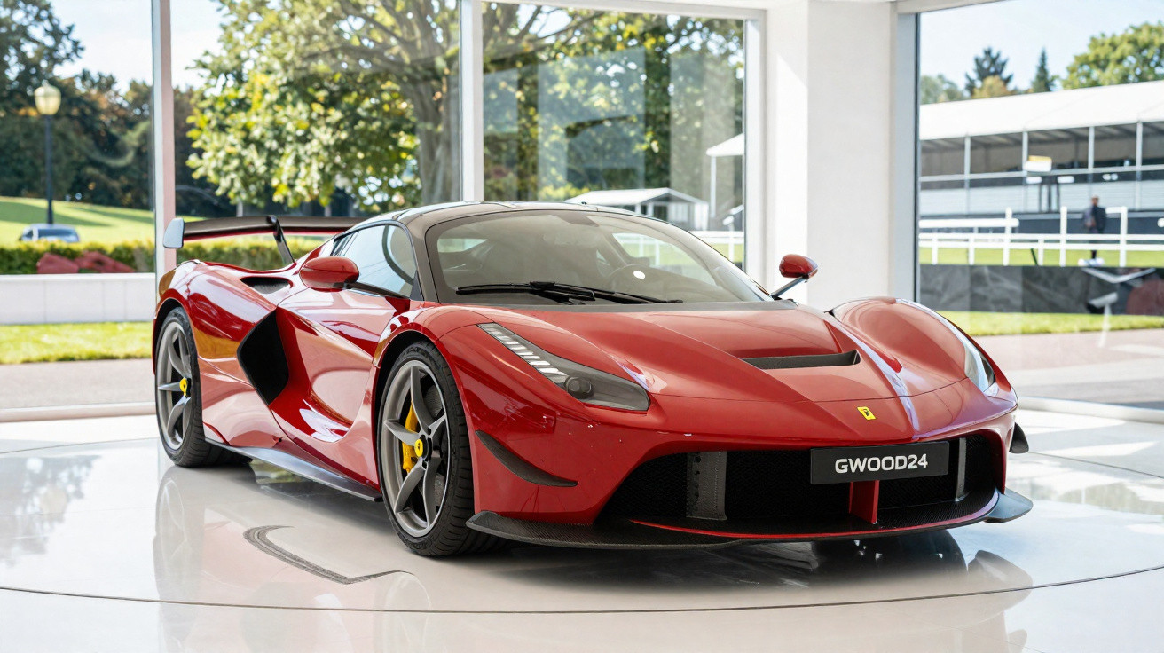Carro esportivo vermelho Ferrari estacionado em ambiente interno com fundo de vidro e área externa verde.