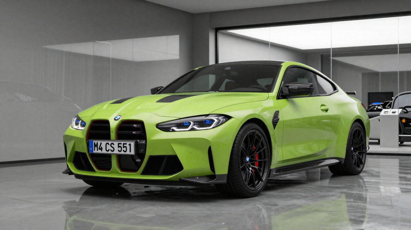 Carro esportivo BMW M4 verde limão em exposição interna com rodas pretas e detalhes aerodinâmicos.