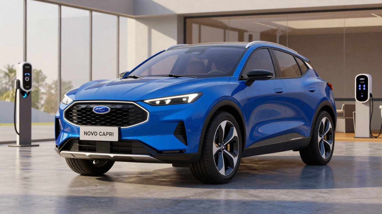 Carro elétrico azul Ford Novo Capri estacionado próximo a dois pontos de recarga em garagem moderna.
