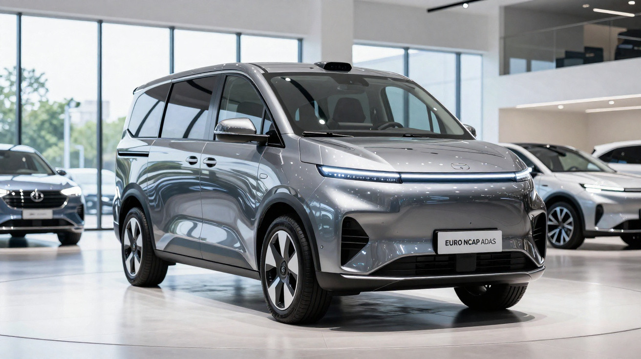 Carro elétrico cinza prateado exposto em showroom moderno e iluminado, com design aerodinâmico e faróis finos.