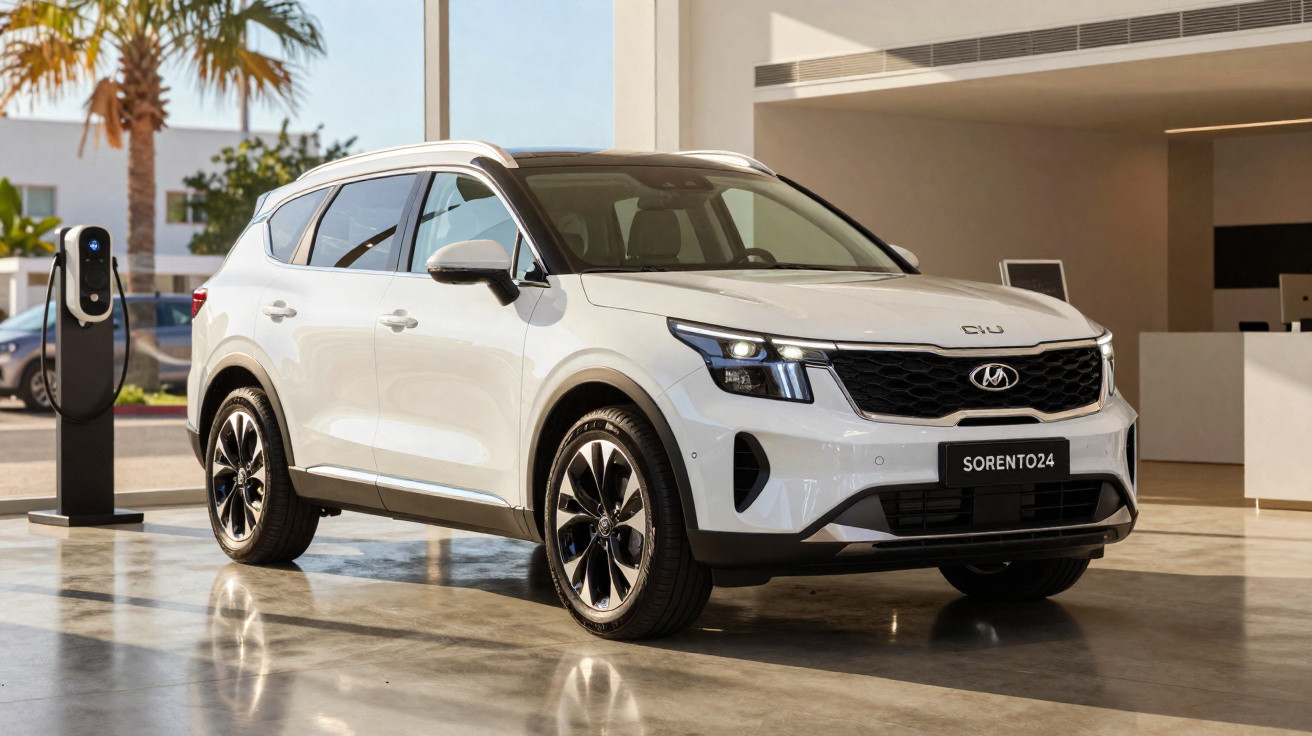 SUV branco Kia Sorento 2024 estacionado em showroom moderno com recarregador de veículo elétrico ao lado.