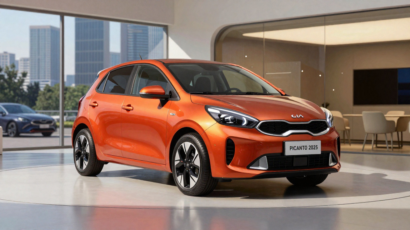 Carro compacto laranja Kia Picanto 2025 exposto em showroom moderno com vista para prédios ao fundo.
