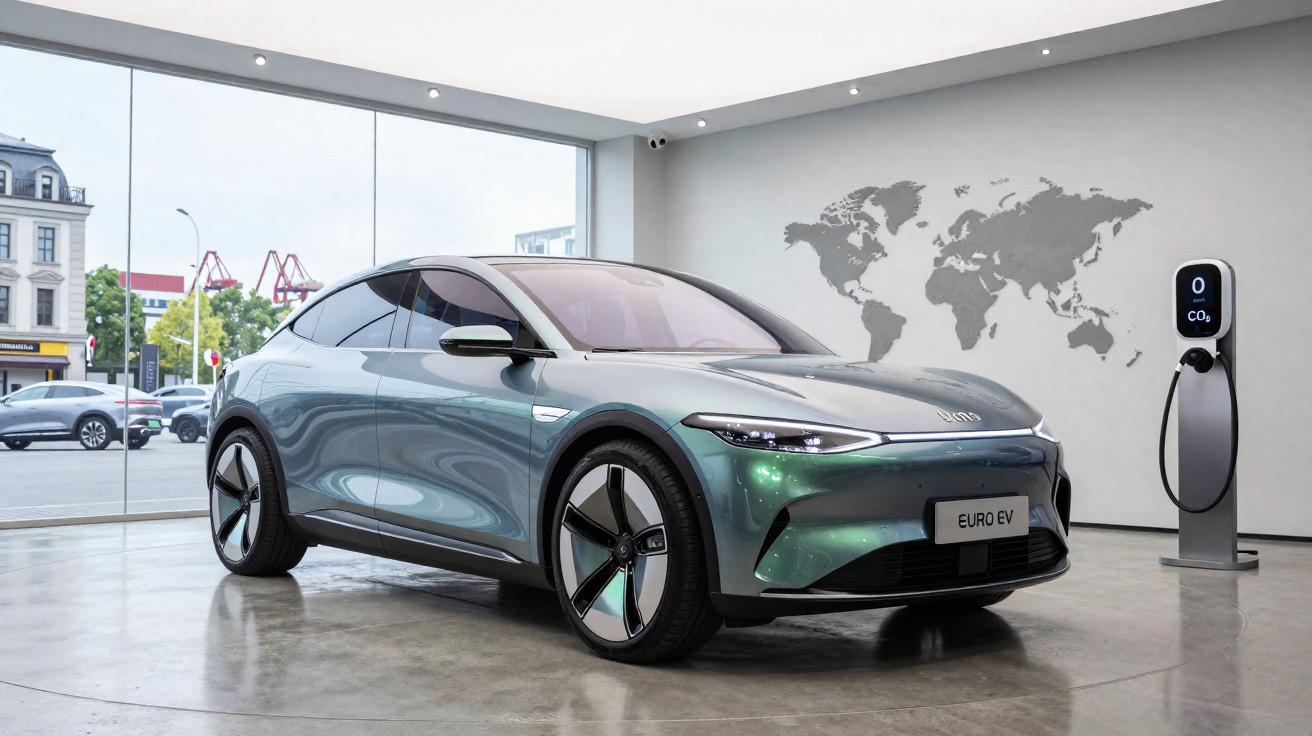 Carro elétrico moderno verde em showroom com estação de recarga e mapa-múndi na parede.