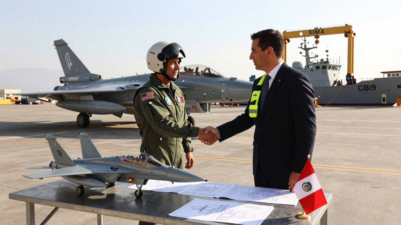 Piloto e oficial apertam as mãos em pista com modelos de aviões de combate e documentos sobre mesa.