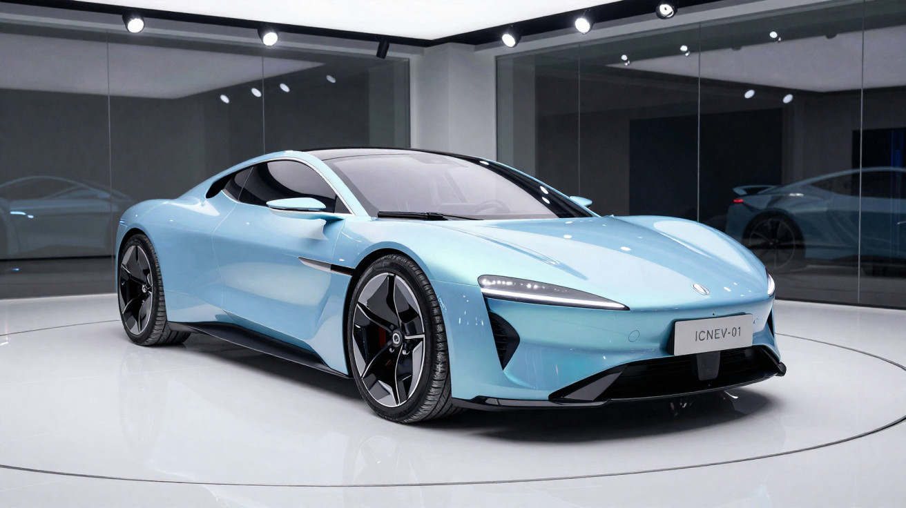 Carro esportivo elétrico azul claro em exposição com design moderno e aerodinâmico.