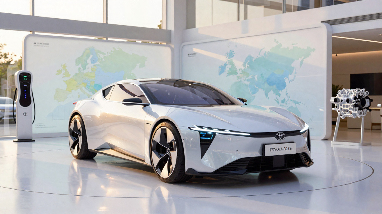 Carro esportivo elétrico branco Toyota 2035 em exibição em ambiente moderno com mapas e carregador.
