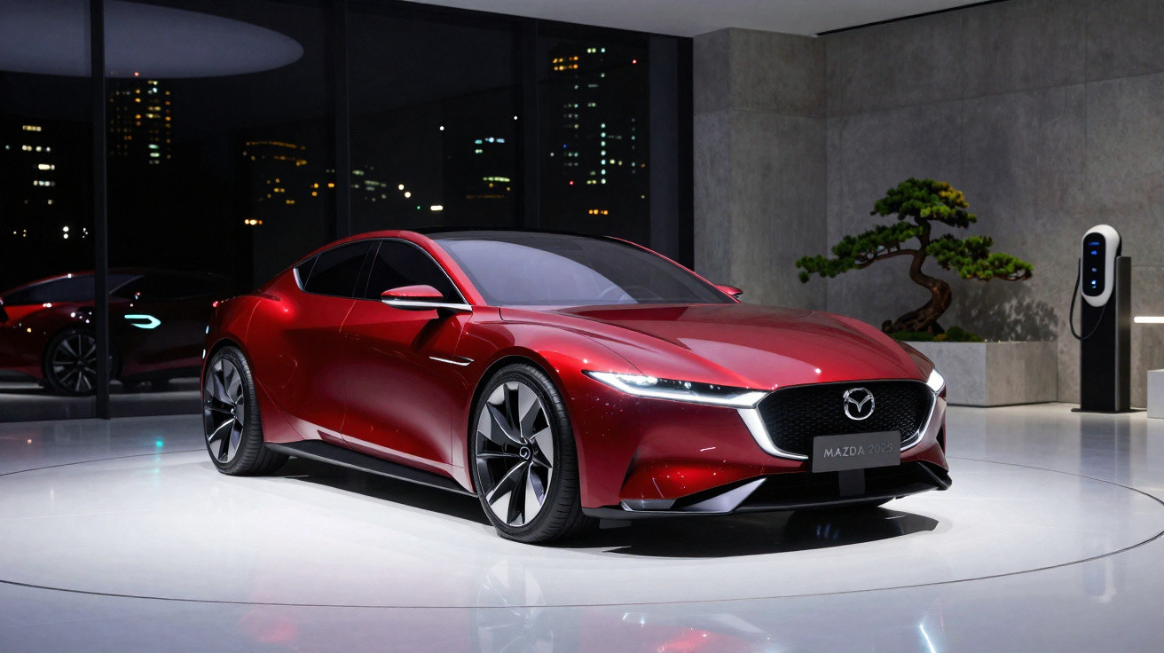 Carro esportivo elétrico vermelho da Mazda em exposição com parede cinza e árvore decorativa ao fundo.