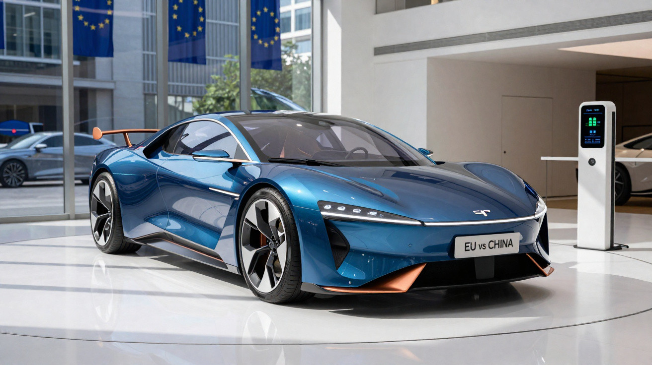 Carro esportivo azul elétrico exibe placa EU vs CHINA em showroom com bandeiras da União Europeia ao fundo.