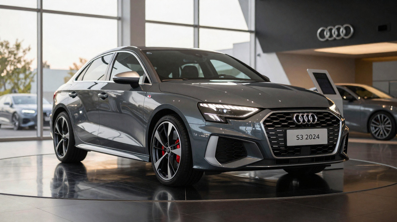 Audi S3 2024 cinza exposto em showroom com rodas esportivas e detalhes em vermelho.