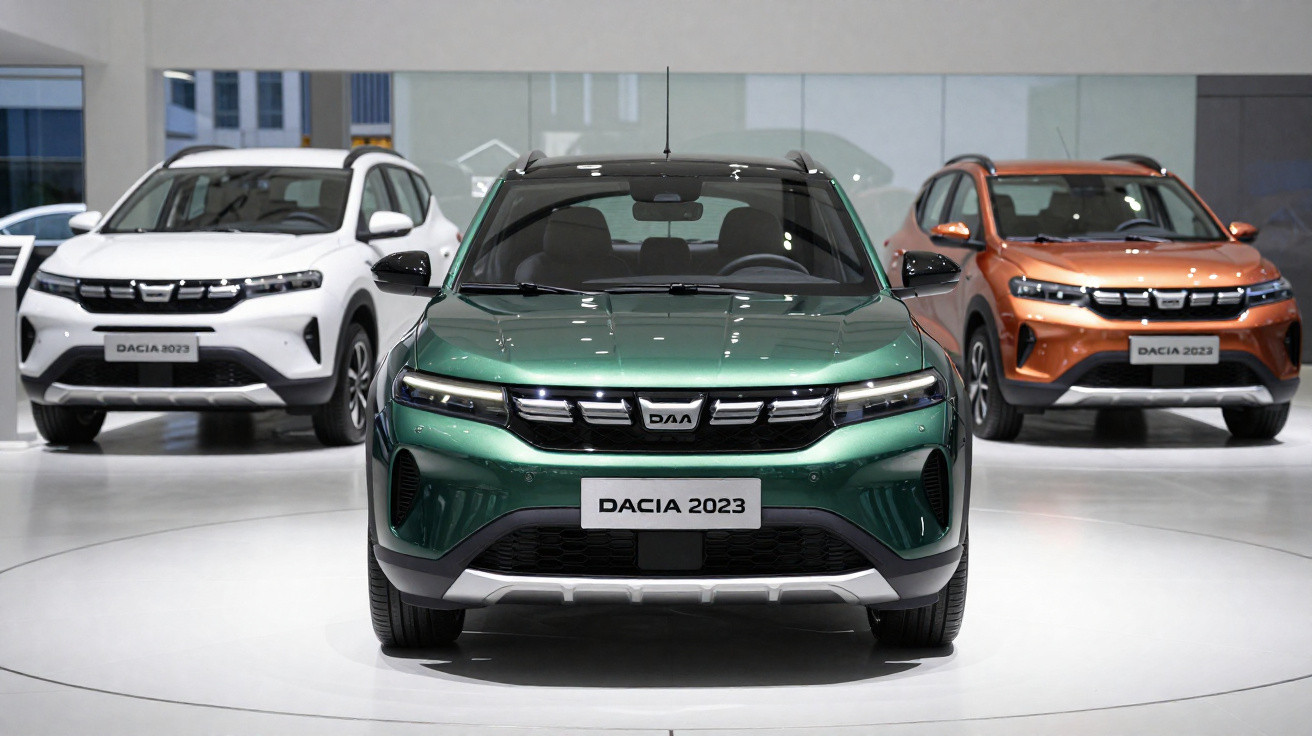 Três carros Dacia 2023 em exposição, nas cores verde, branco e laranja, vistos de frente.