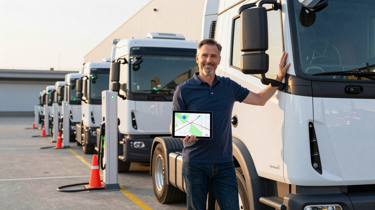 Homem de camisa azul segurando tablet com mapa ao lado de fila de caminhões brancos estacionados e conectados para recarga.