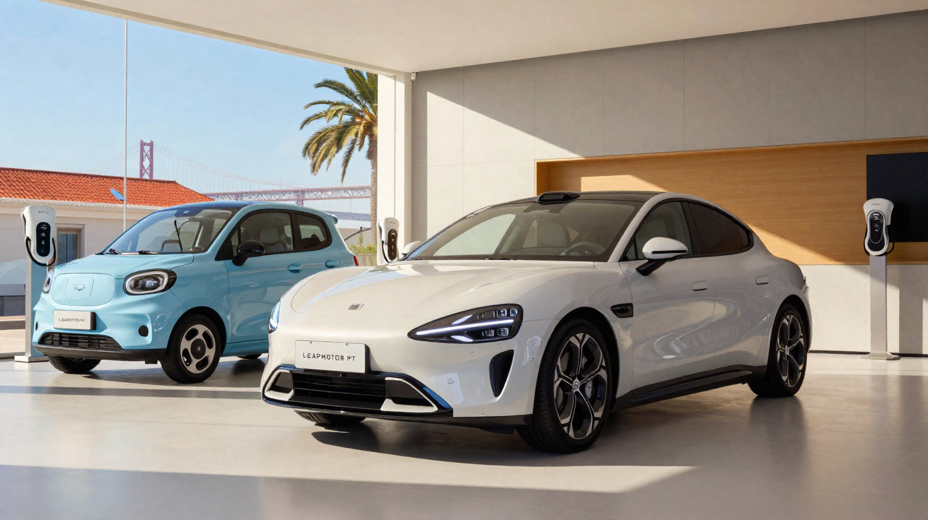 Dois carros elétricos da Leapmotor, um branco e outro azul claro, estacionados em garagem moderna com pontos de recarga.