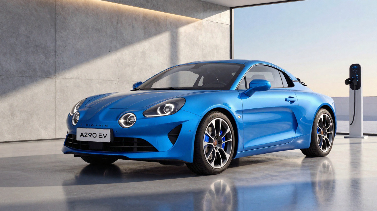 Carro esportivo elétrico azul estacionado em ambiente moderno com estação de recarga ao fundo.